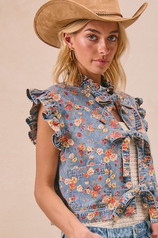 Denim Floral Tie Vest