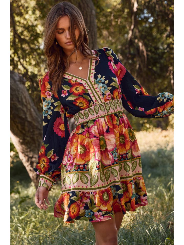 Navy Bold Floral Long Sleeve Dress