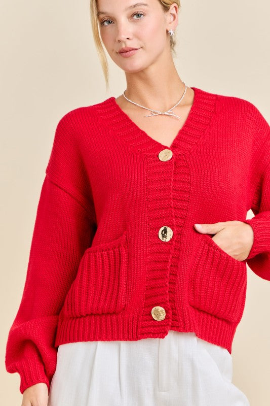 Red Chunky Button Cardigan