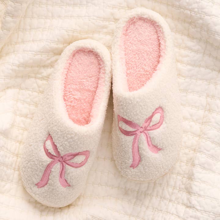 Fuzzy Slippers, Pink Bow Embroidered