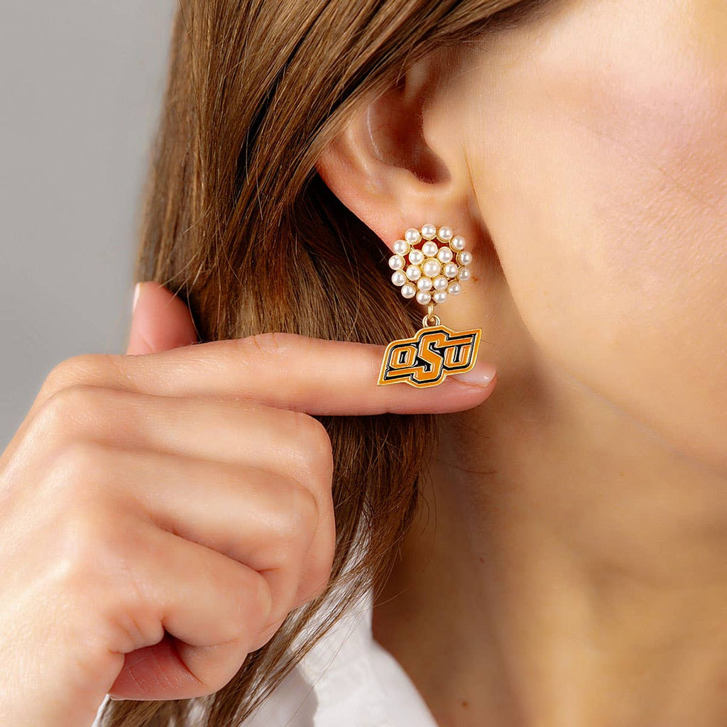 Oklahoma State Cowboys Pearl Cluster Enamel Drop Earrings