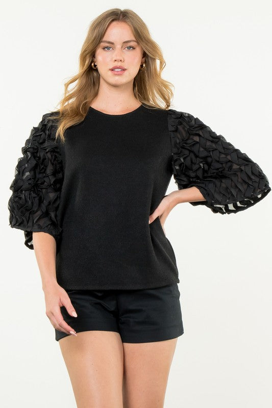 Black Textured Sleeve Top