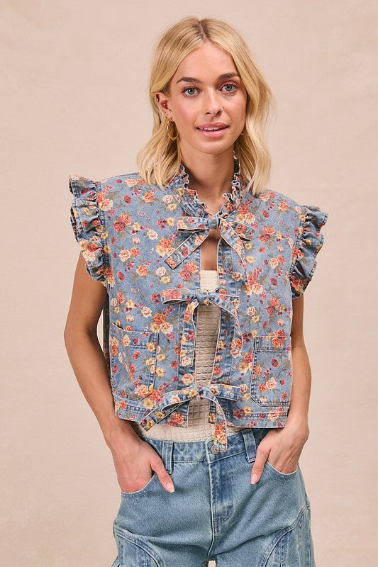 Denim Floral Tie Vest