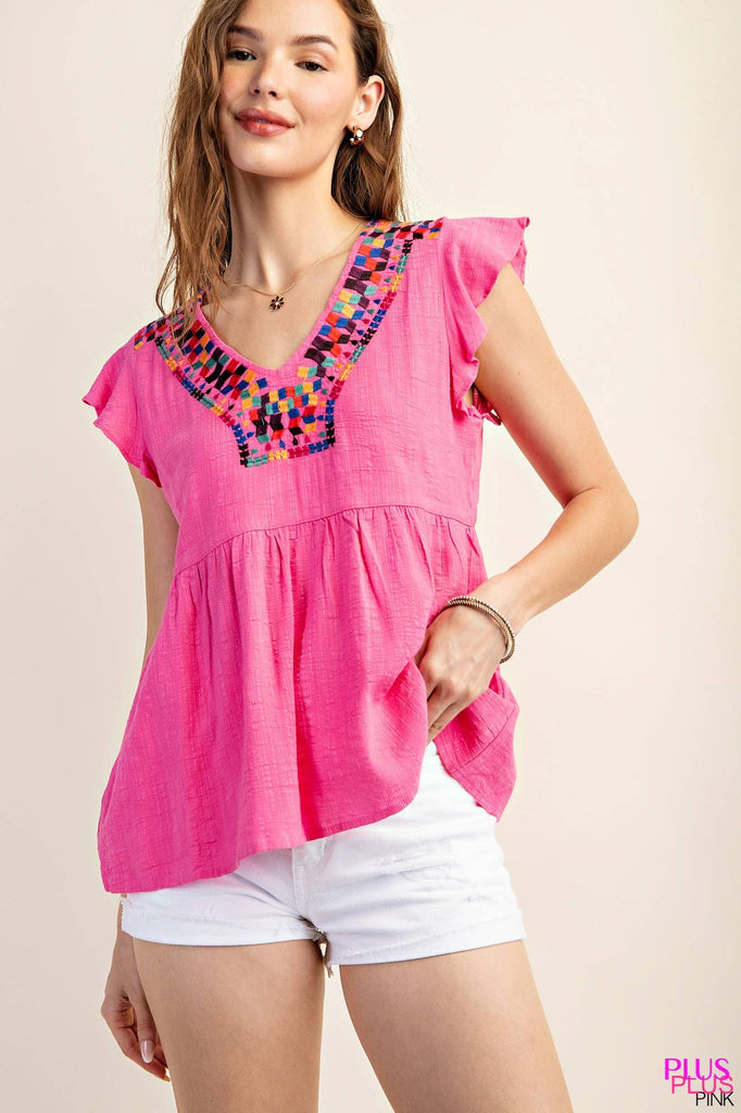 Cotton Embroidered V Neck Top