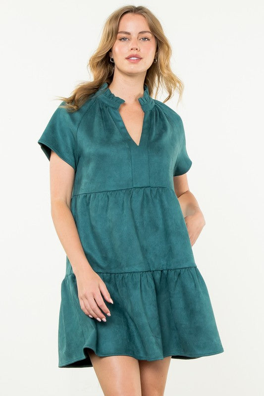 Teal Faux Suede Tiered Dress