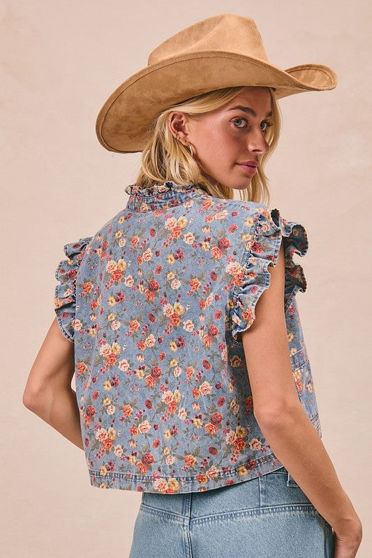 Denim Floral Tie Vest