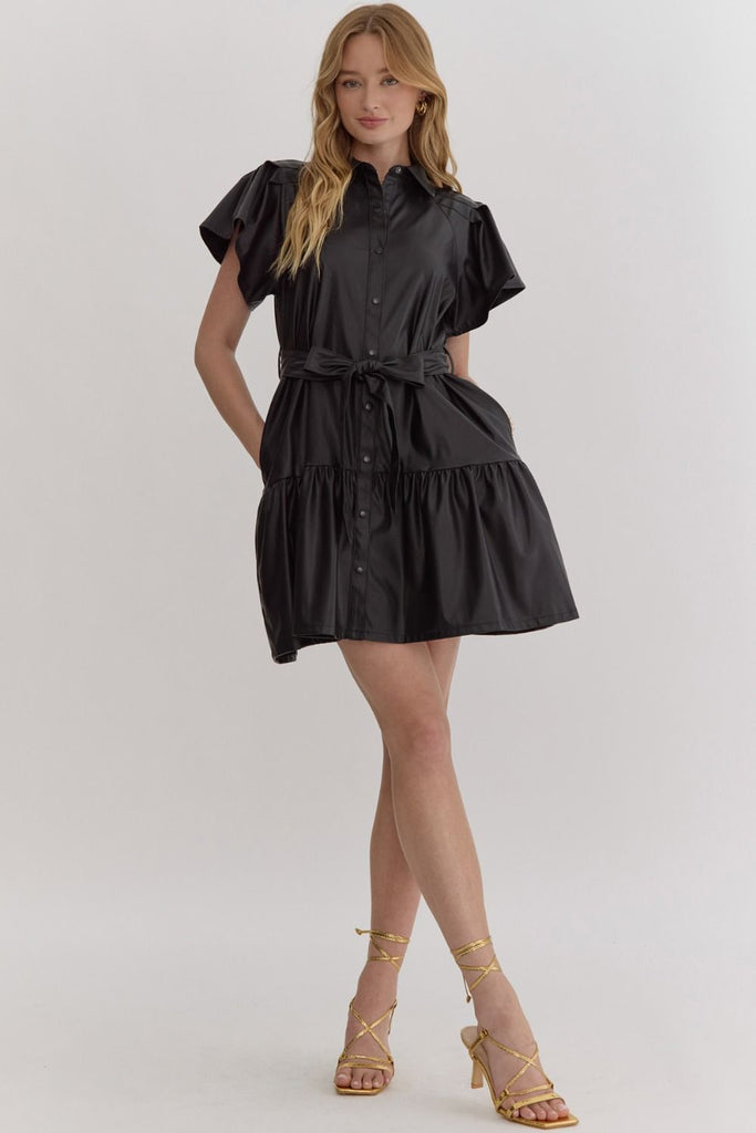 Black Flutter Sleeve Faux Leather Dress