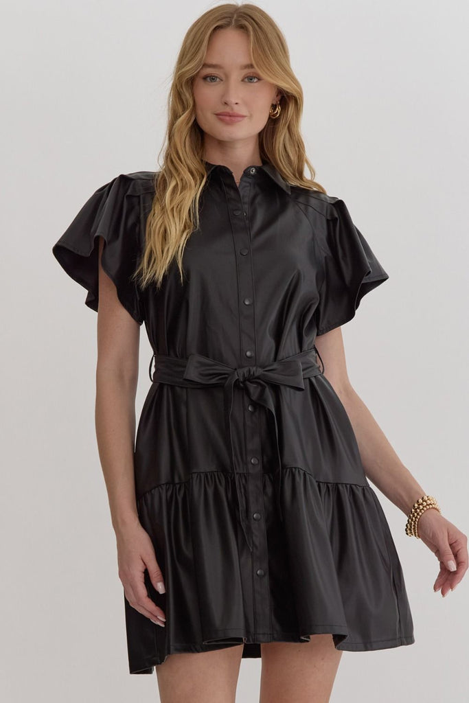 Black Flutter Sleeve Faux Leather Dress
