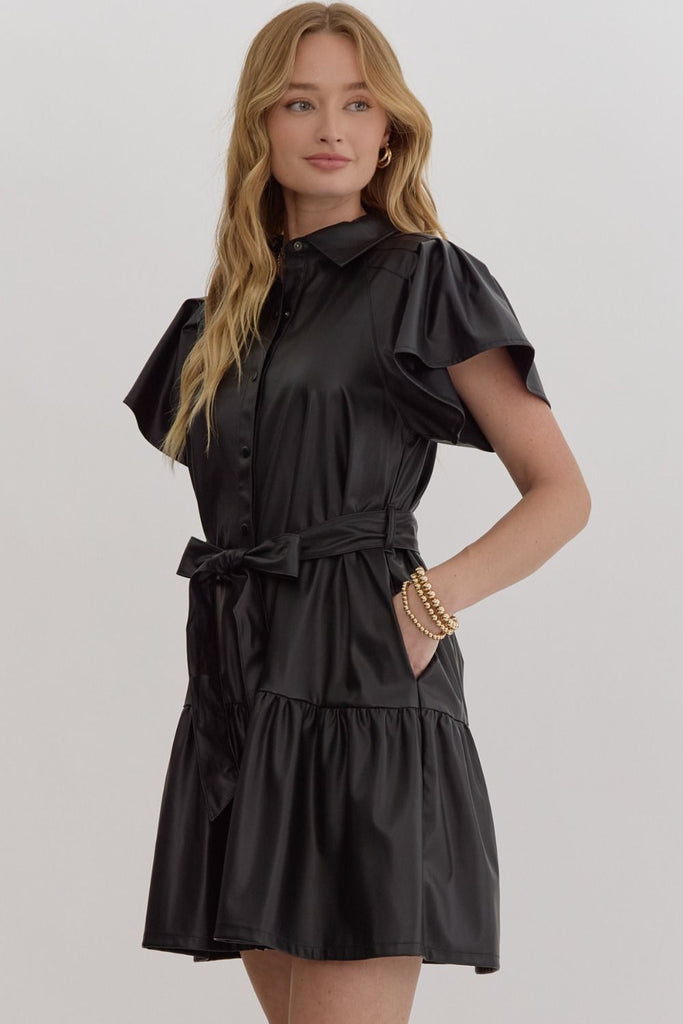 Black Flutter Sleeve Faux Leather Dress