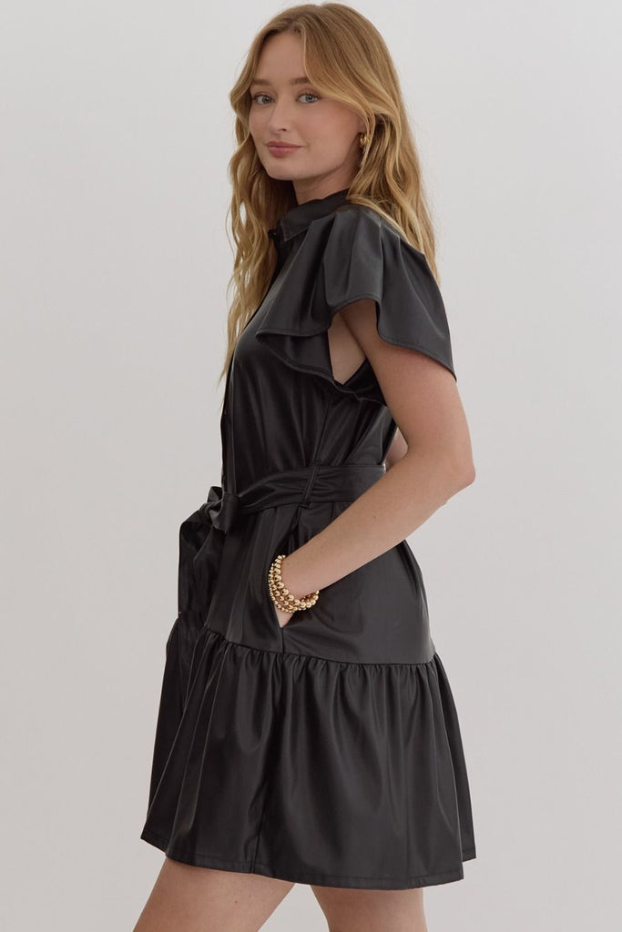 Black Flutter Sleeve Faux Leather Dress