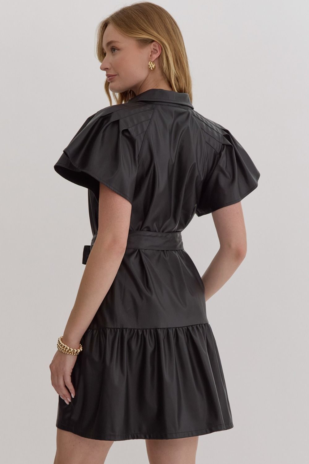 Black Flutter Sleeve Faux Leather Dress Black Flutter Sleeve Faux Leather Dress