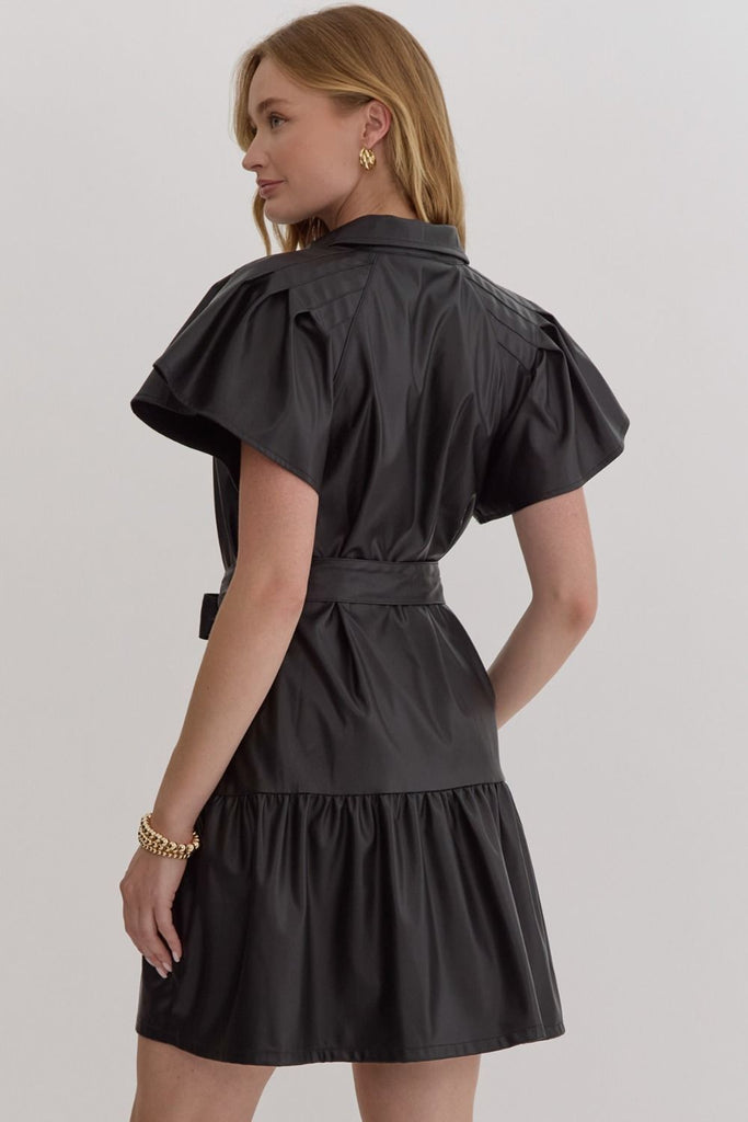 Black Flutter Sleeve Faux Leather Dress