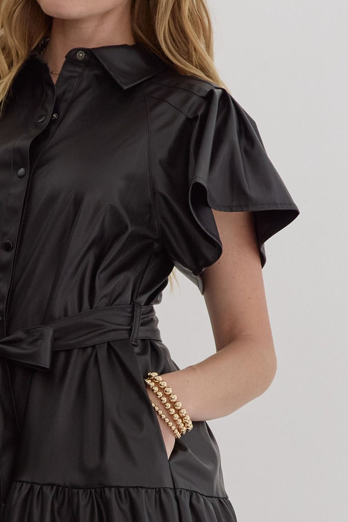 Black Flutter Sleeve Faux Leather Dress