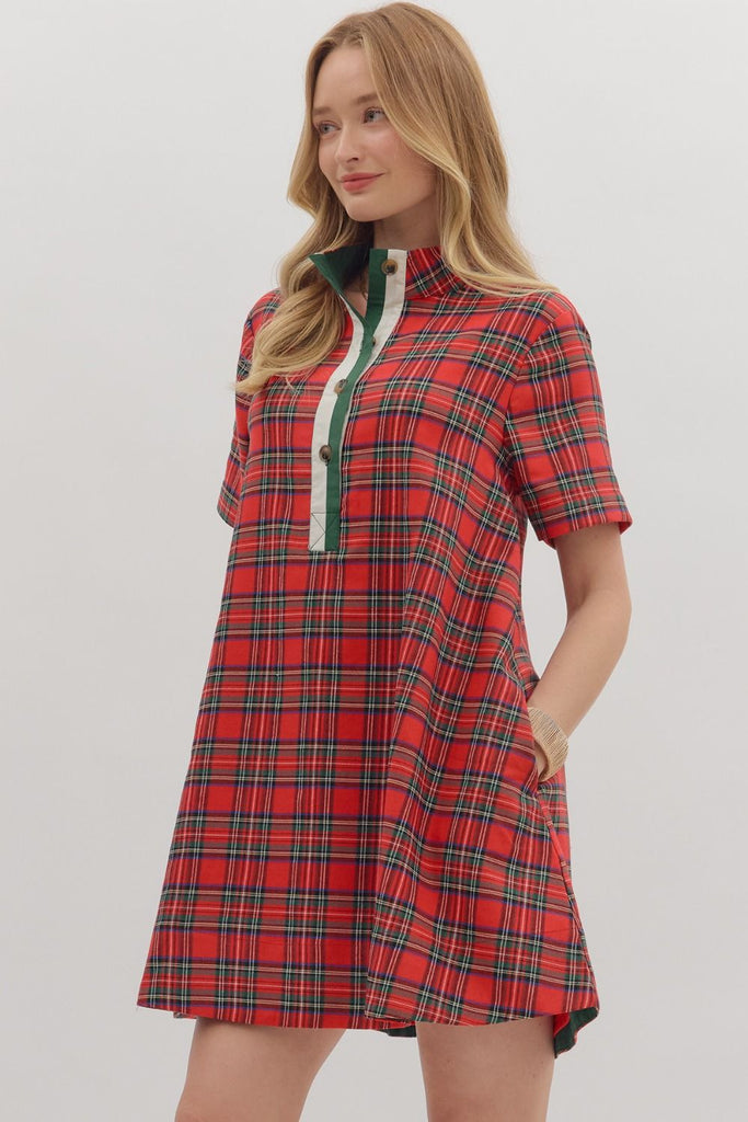 Holiday Plaid Button Up Dress