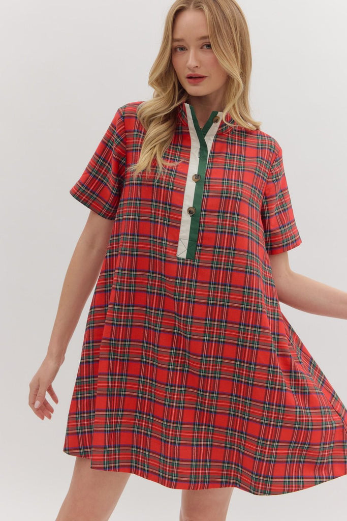 Holiday Plaid Button Up Dress