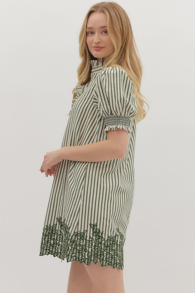Green Striped Embroidered Dress