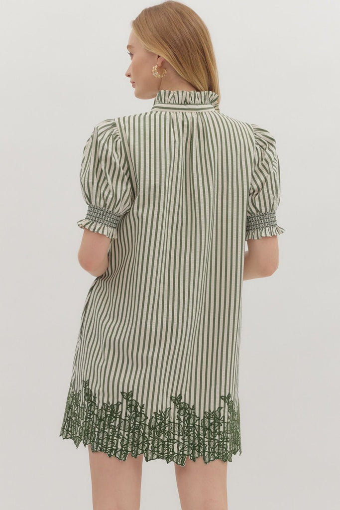 Green Striped Embroidered Dress