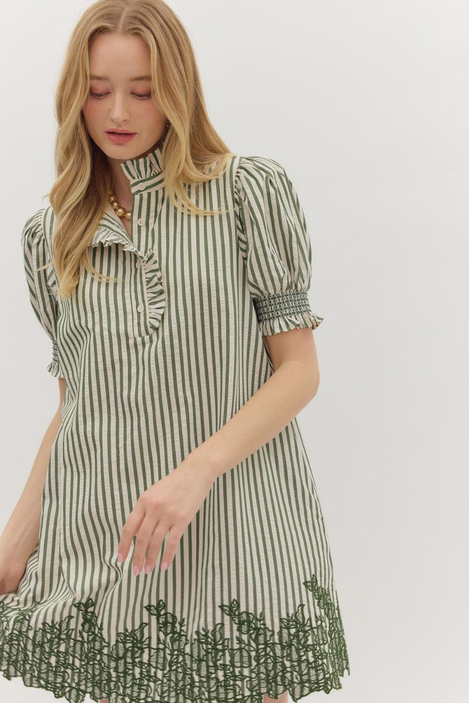 Green Striped Embroidered Dress
