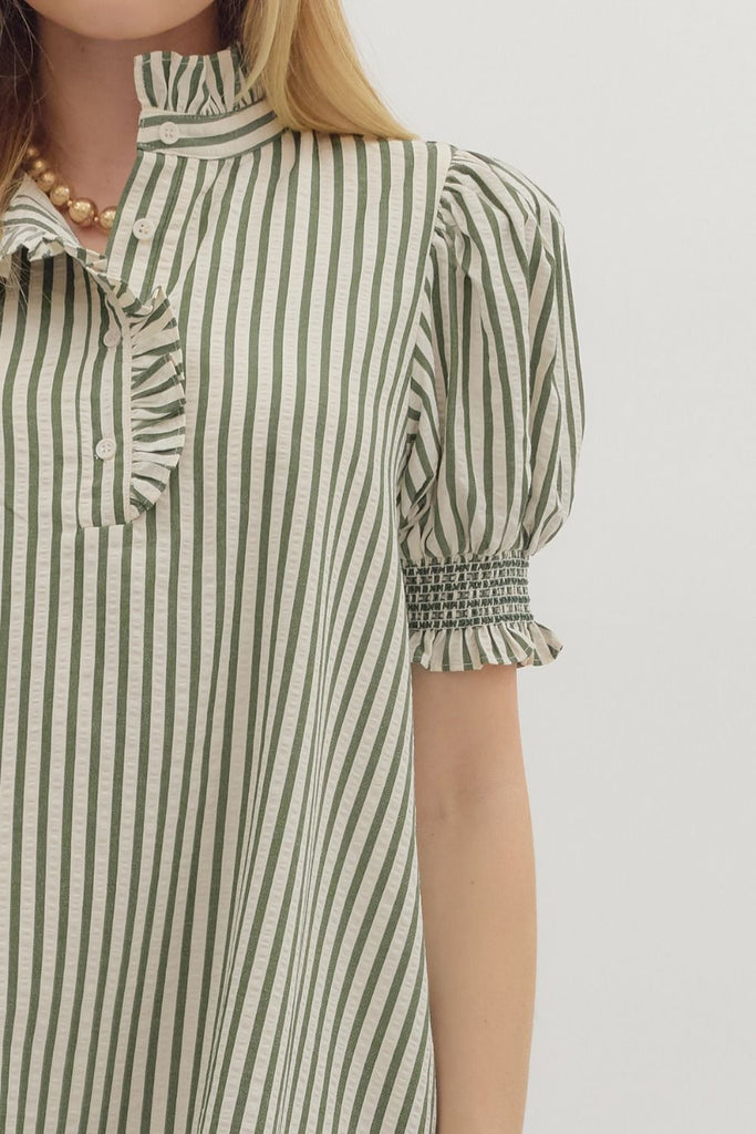 Green Striped Embroidered Dress