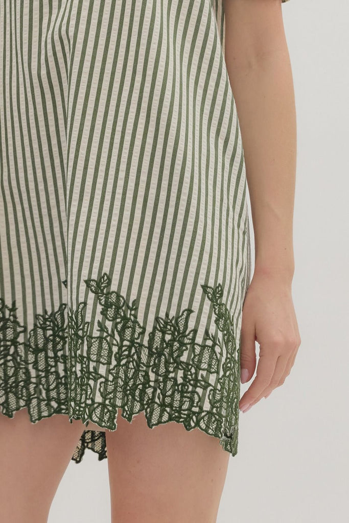 Green Striped Embroidered Dress