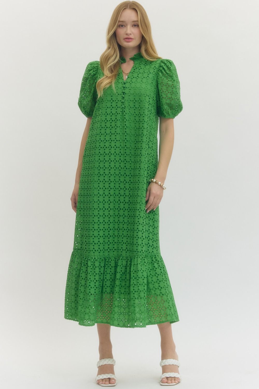 slim fit dress slacks Sweet Harmony Green Eyelet Midi Dress, Small - The Mint Julep Boutique main image 1
