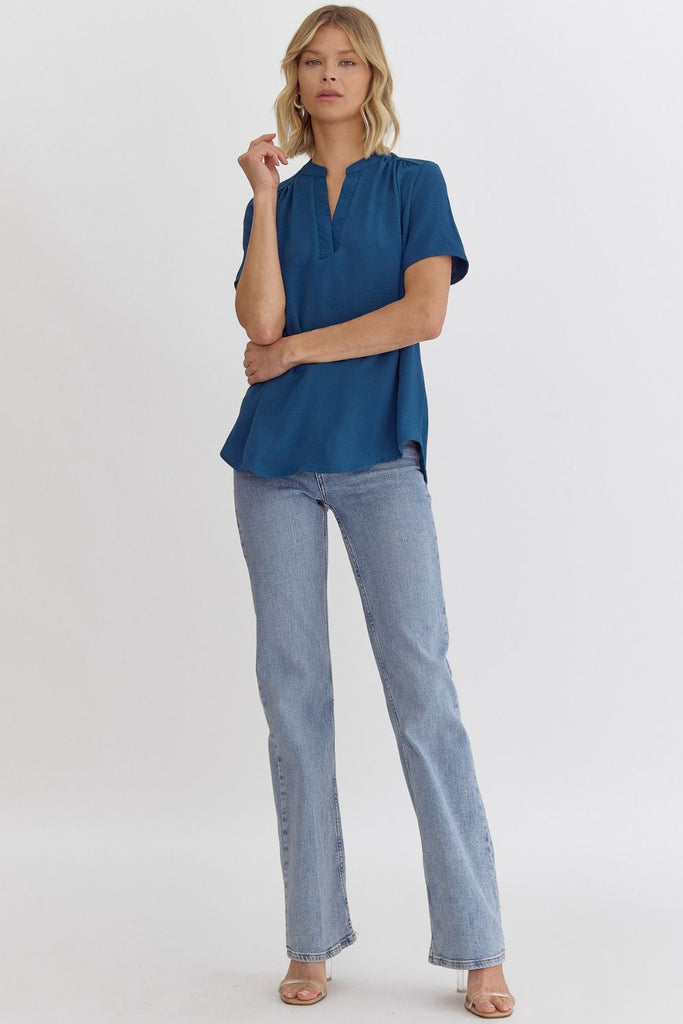 Split V-Neck Crinkle Top Blouse