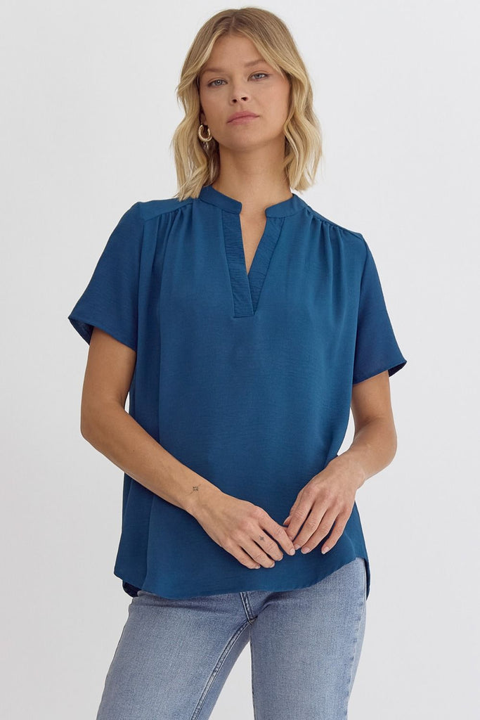 Split V-Neck Crinkle Top Blouse