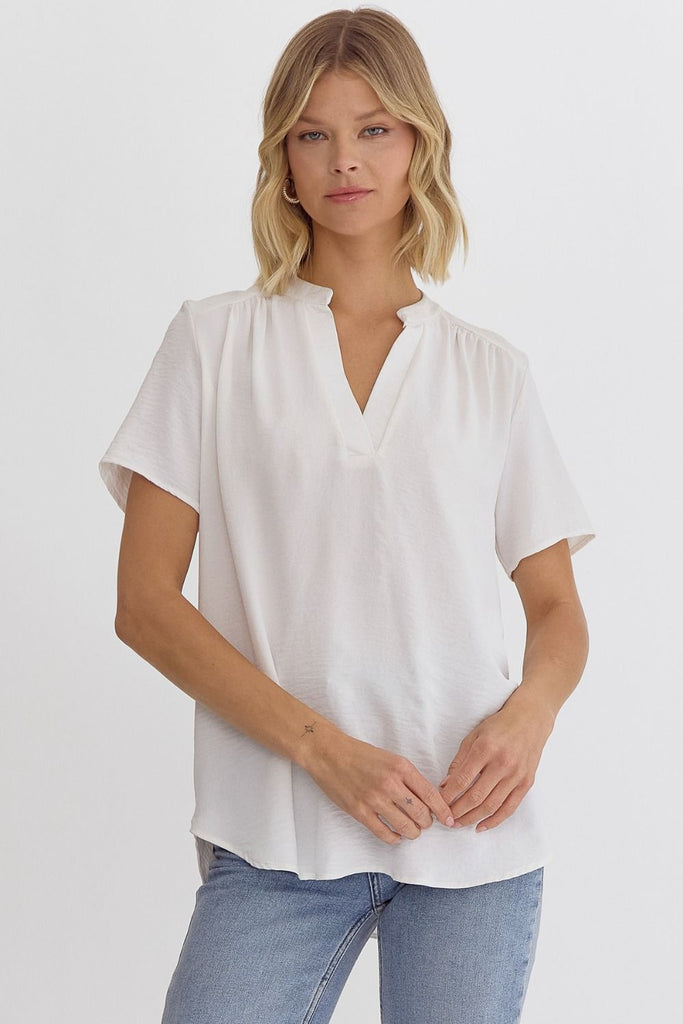 Split V-Neck Crinkle Top Blouse