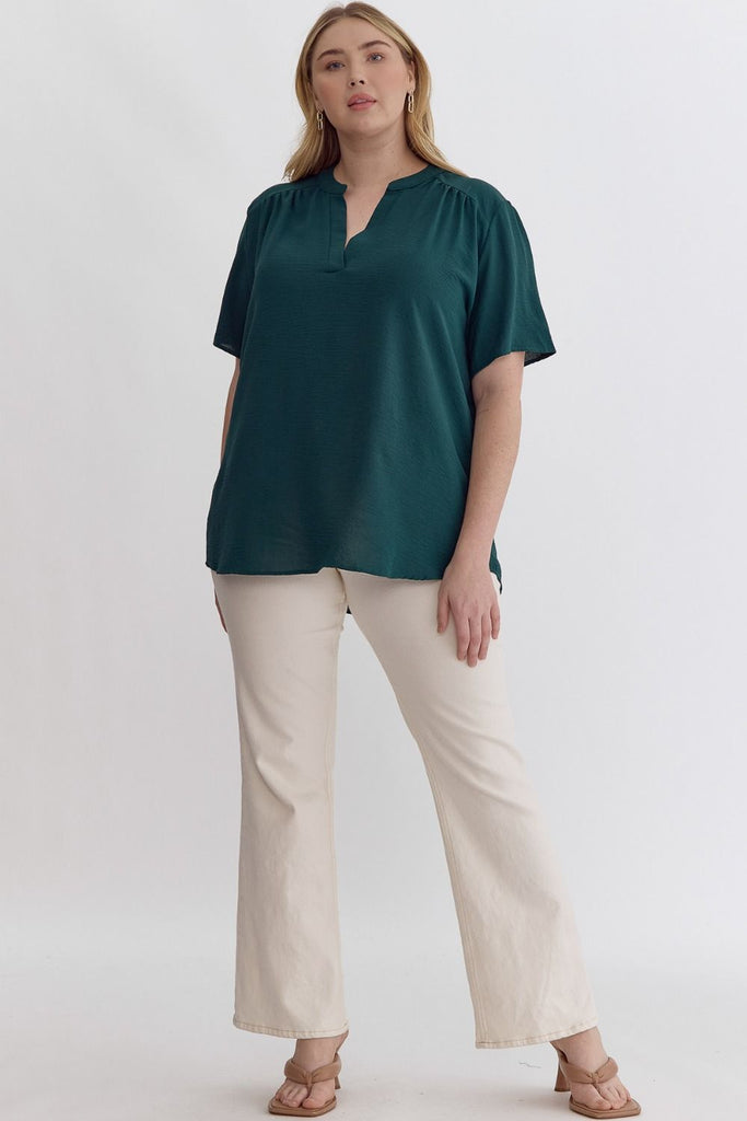 Split V-Neck Crinkle Top Blouse