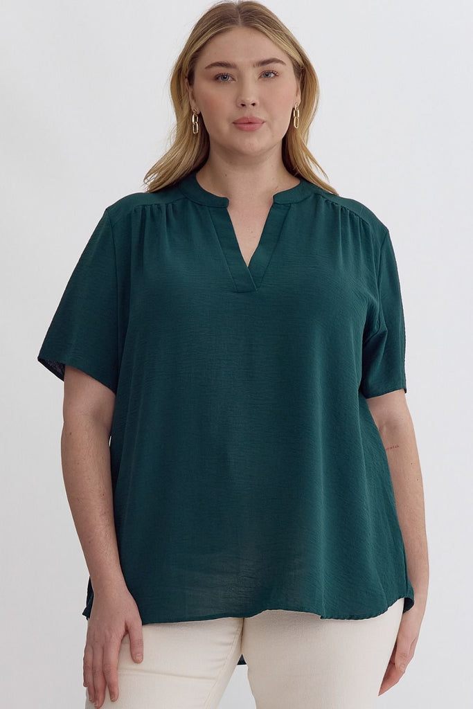 Split V-Neck Crinkle Top Blouse