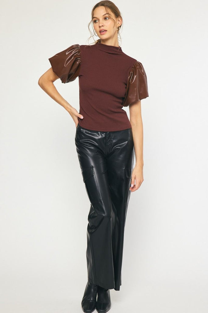 Brown Faux Leather Sleeve Top