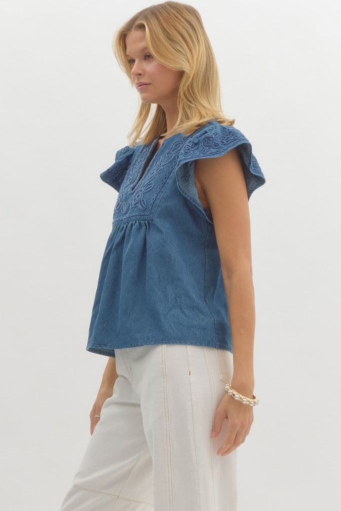 Denim Embroidered Top