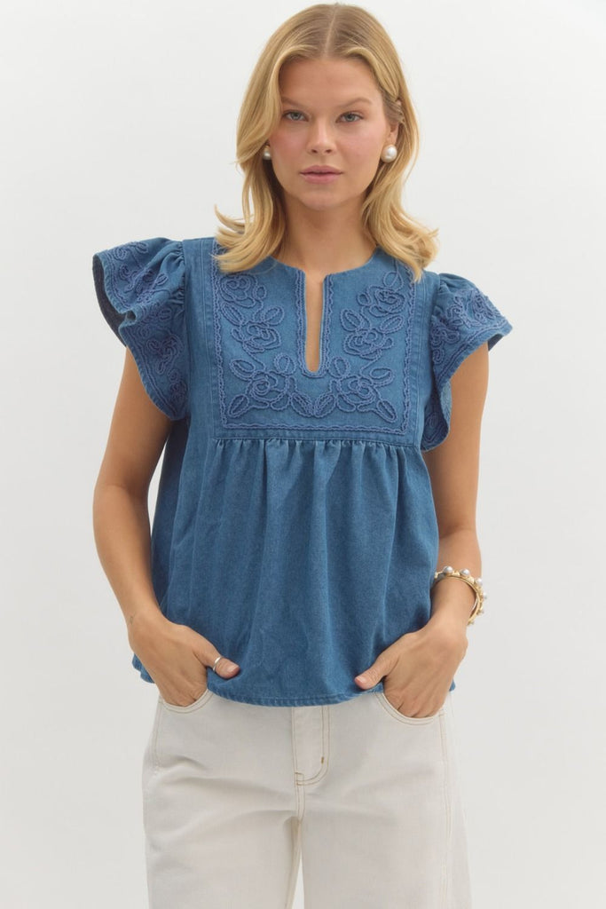 Denim Embroidered Top