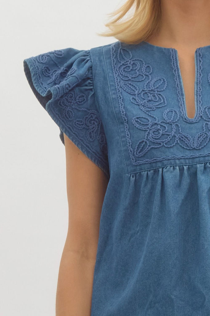 Denim Embroidered Top