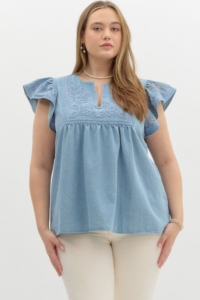 Denim Embroidered Top