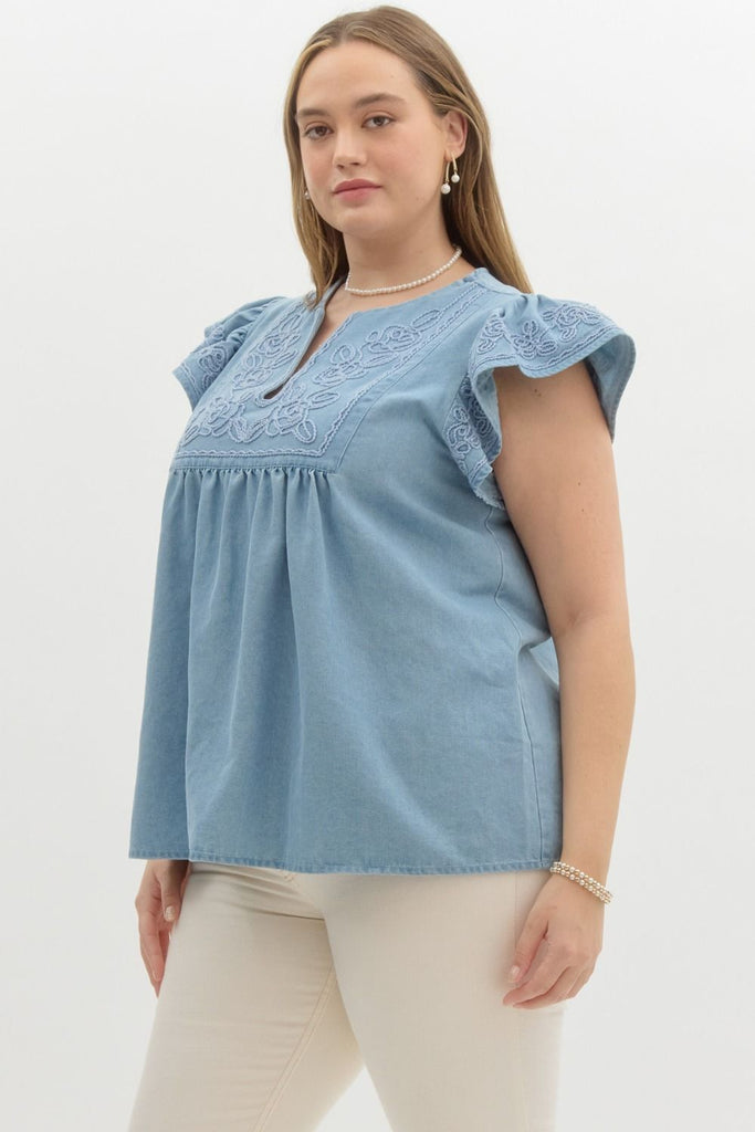 Denim Embroidered Top