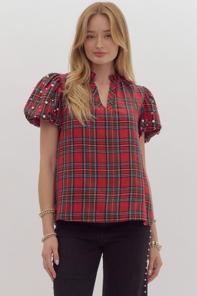 Red Plaid Pearl Top