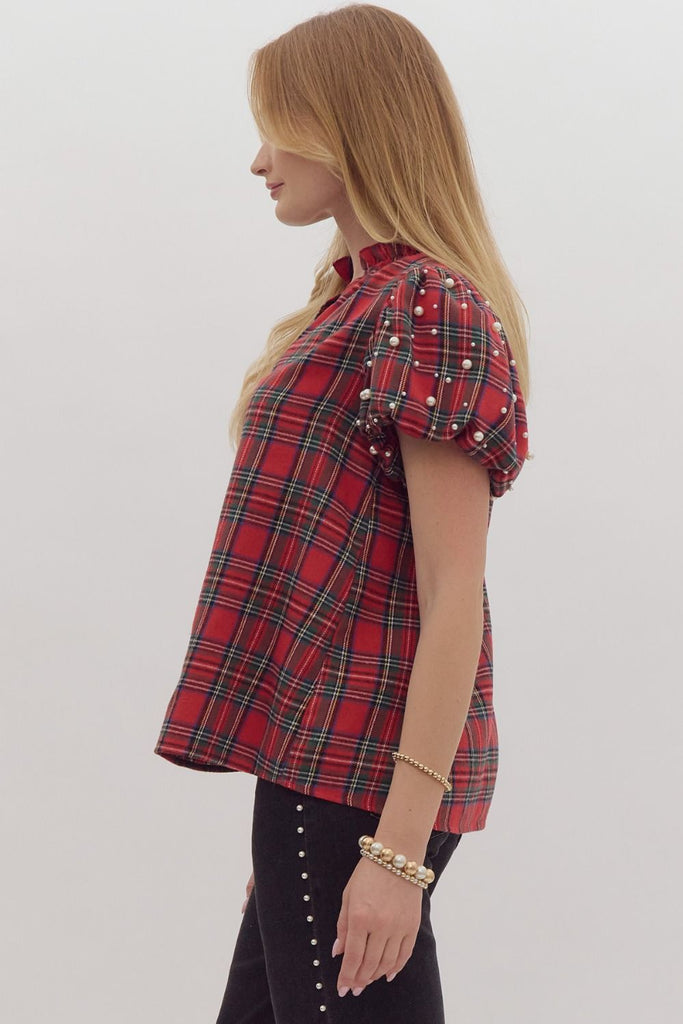 Red Plaid Pearl Top