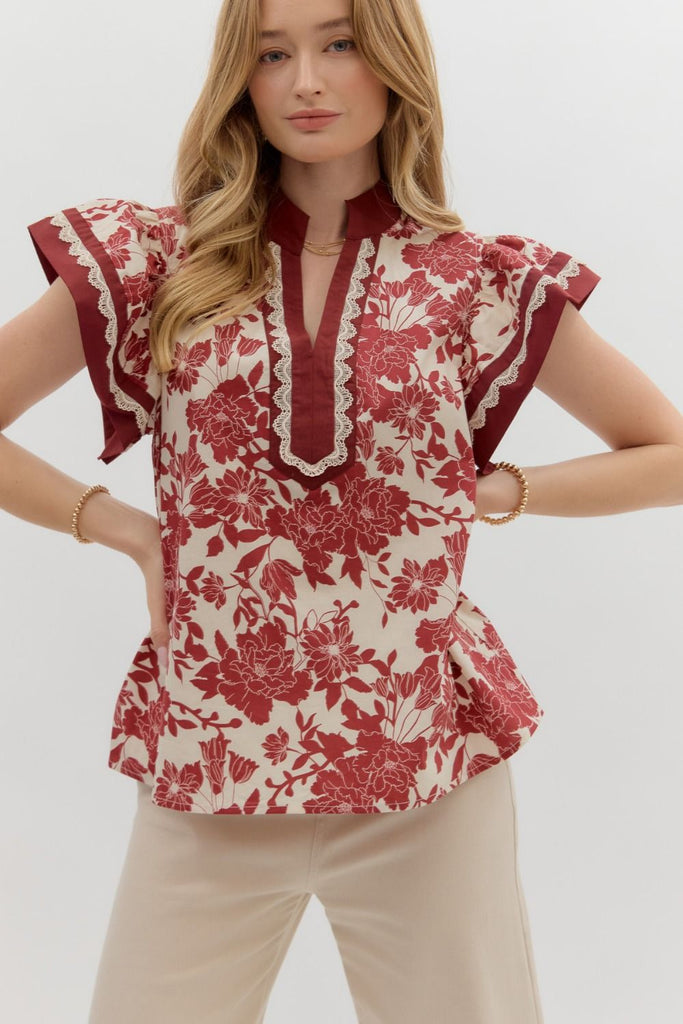 Floral Toile Ruffle Top