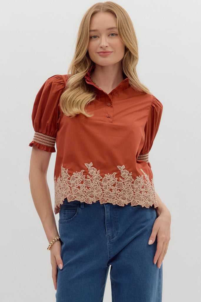 Rust Floral Trim Top