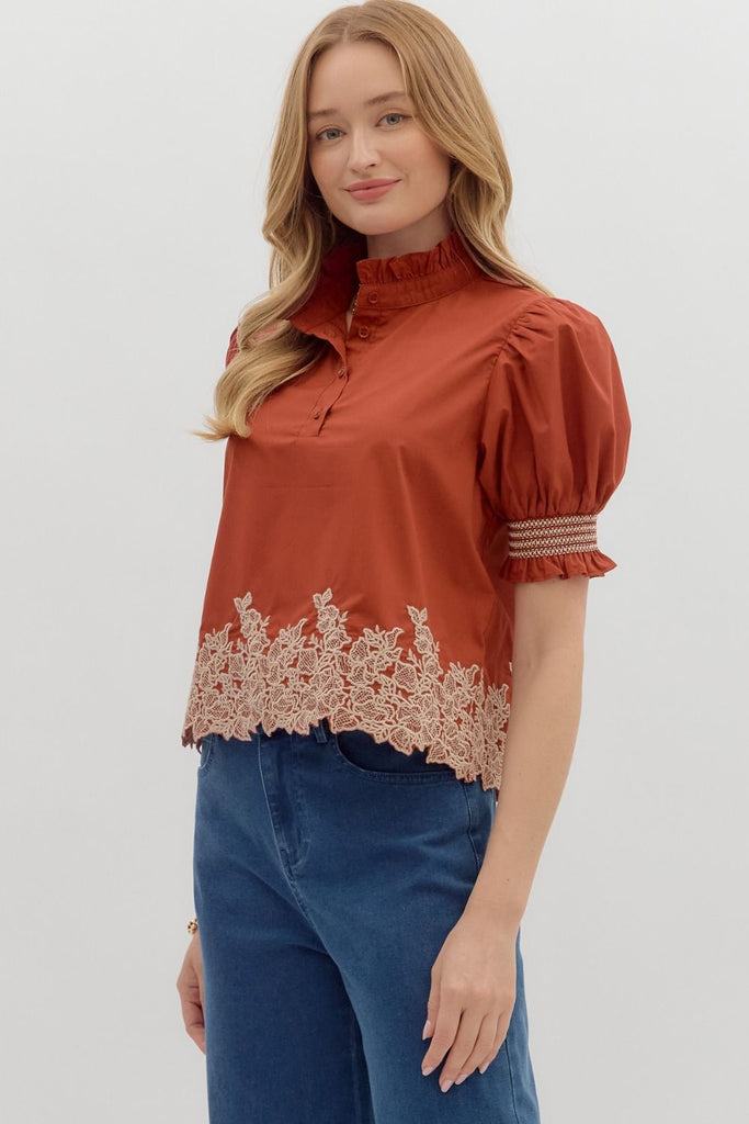 Rust Floral Trim Top