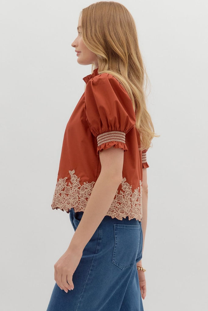 Rust Floral Trim Top