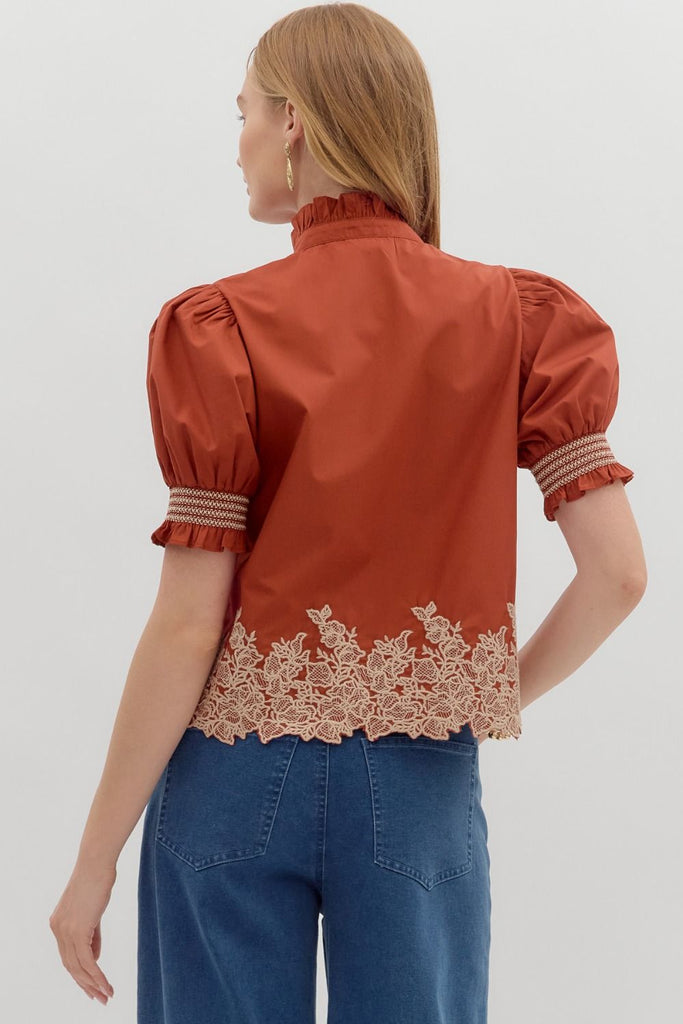 Rust Floral Trim Top
