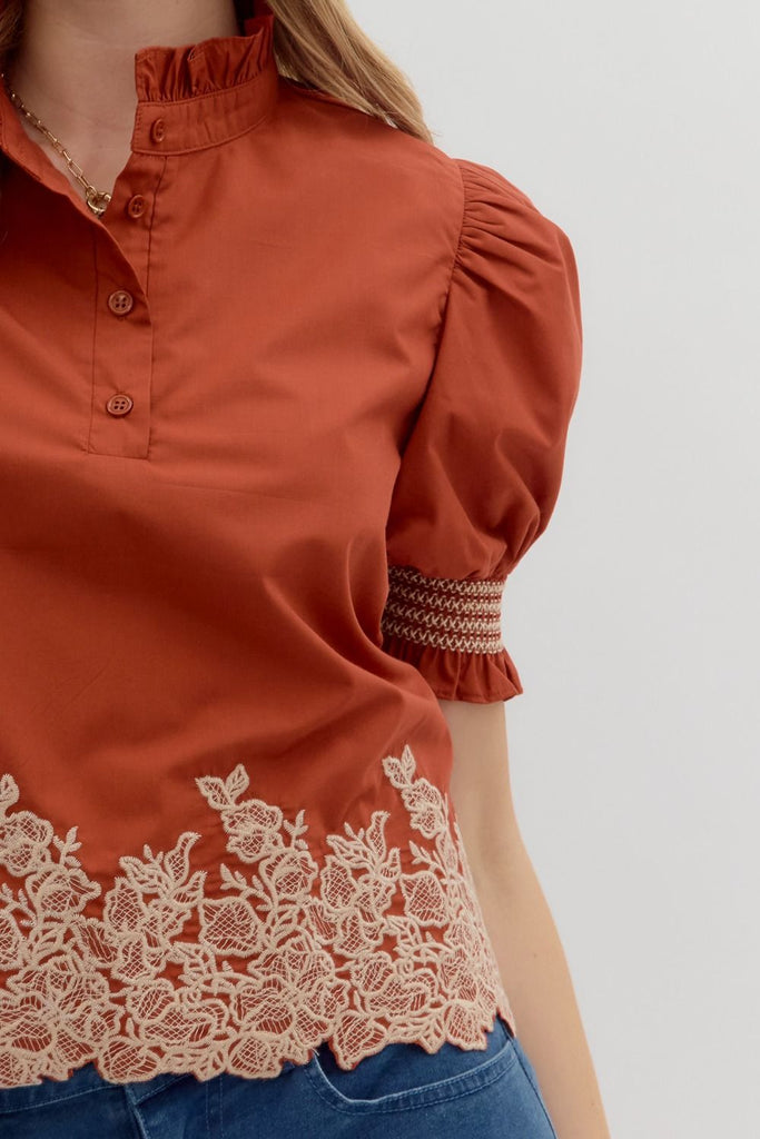 Rust Floral Trim Top