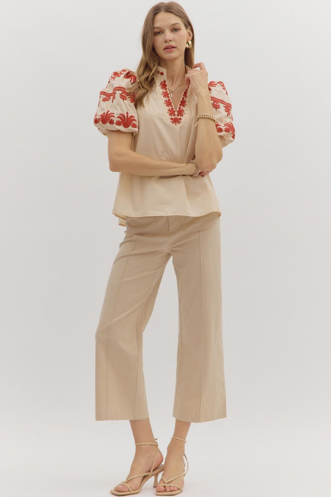 Rust Embroidered Palms Top