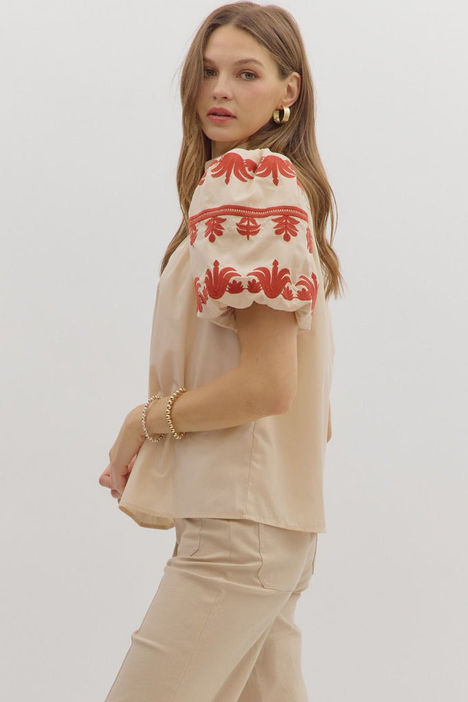 Rust Embroidered Palms Top