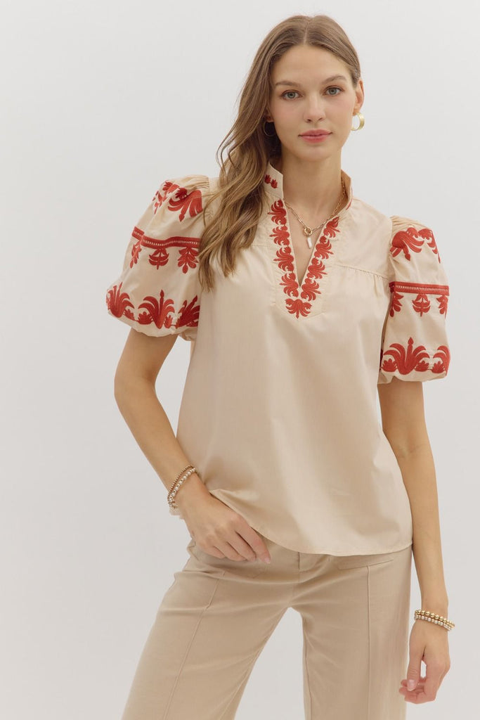 Rust Embroidered Palms Top