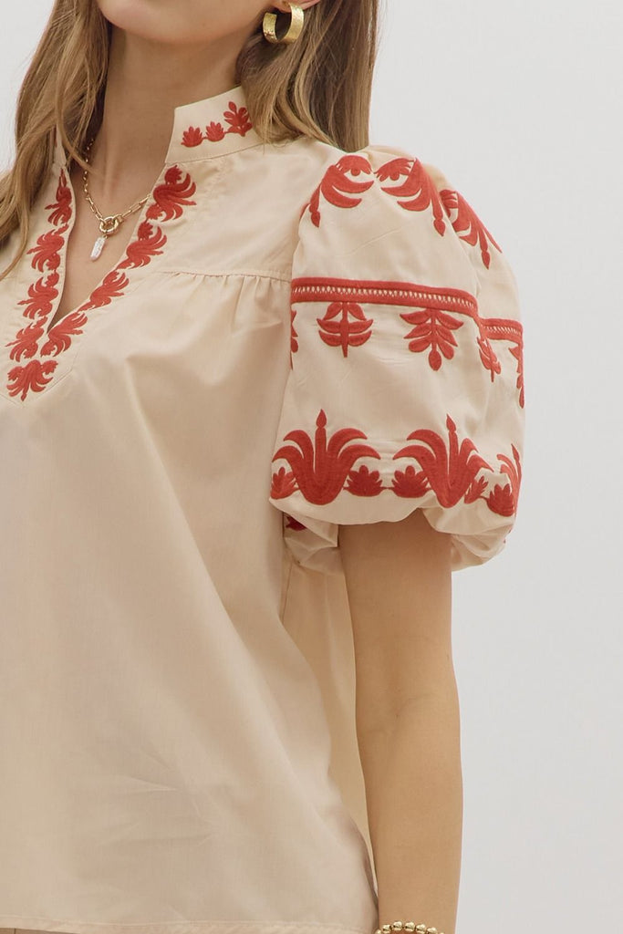 Rust Embroidered Palms Top