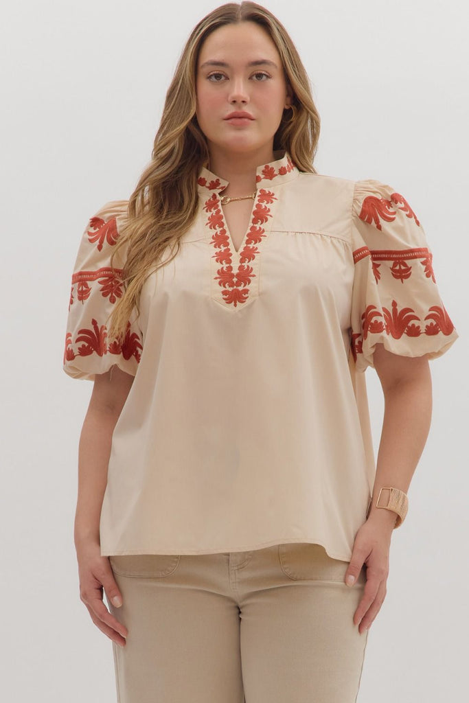 Rust Embroidered Palms Top