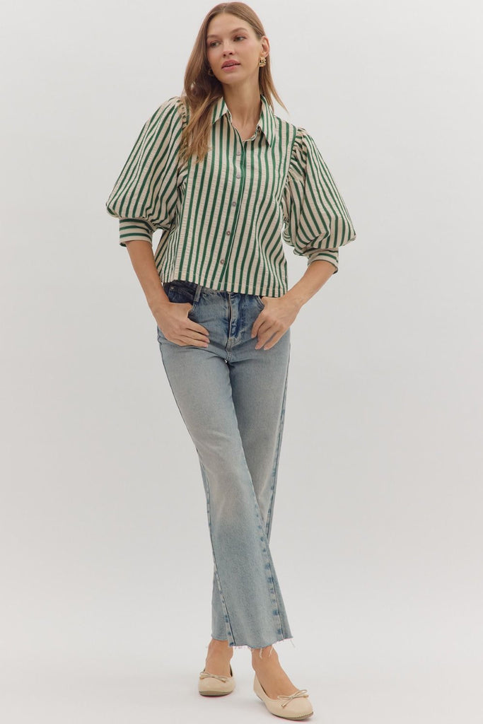 Green Stripe Button Up Top